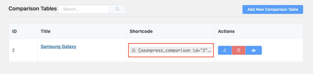 AzonPress Karşılaştırma tablosu kısa kodları WordPress