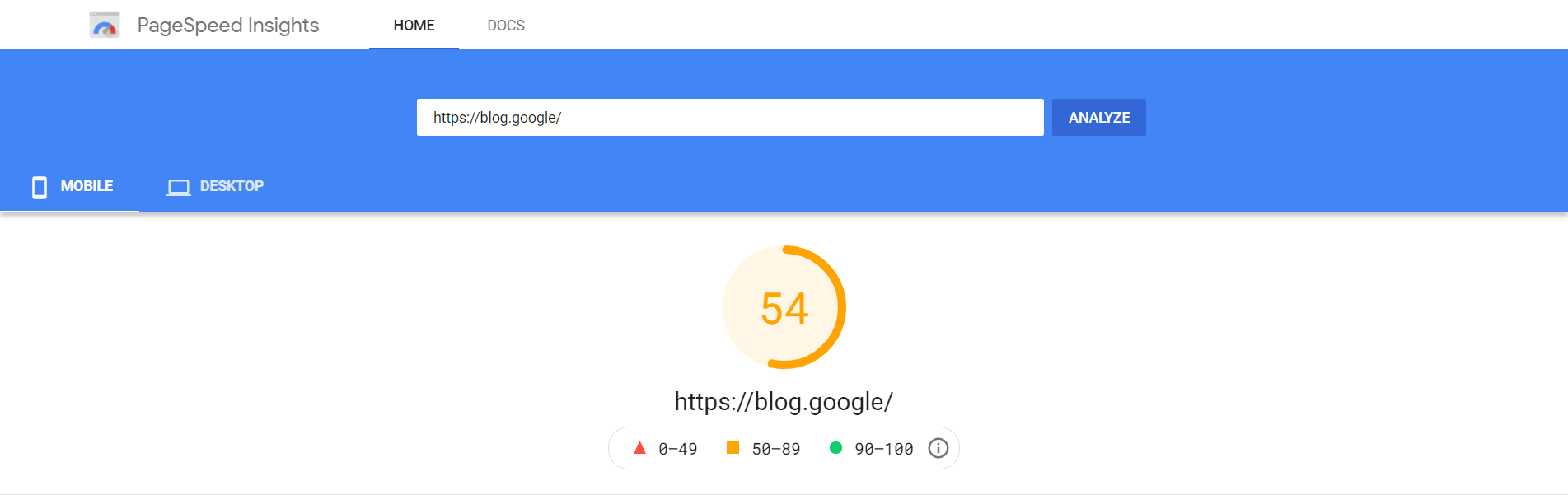 Pontuação do PageSpeed Insights