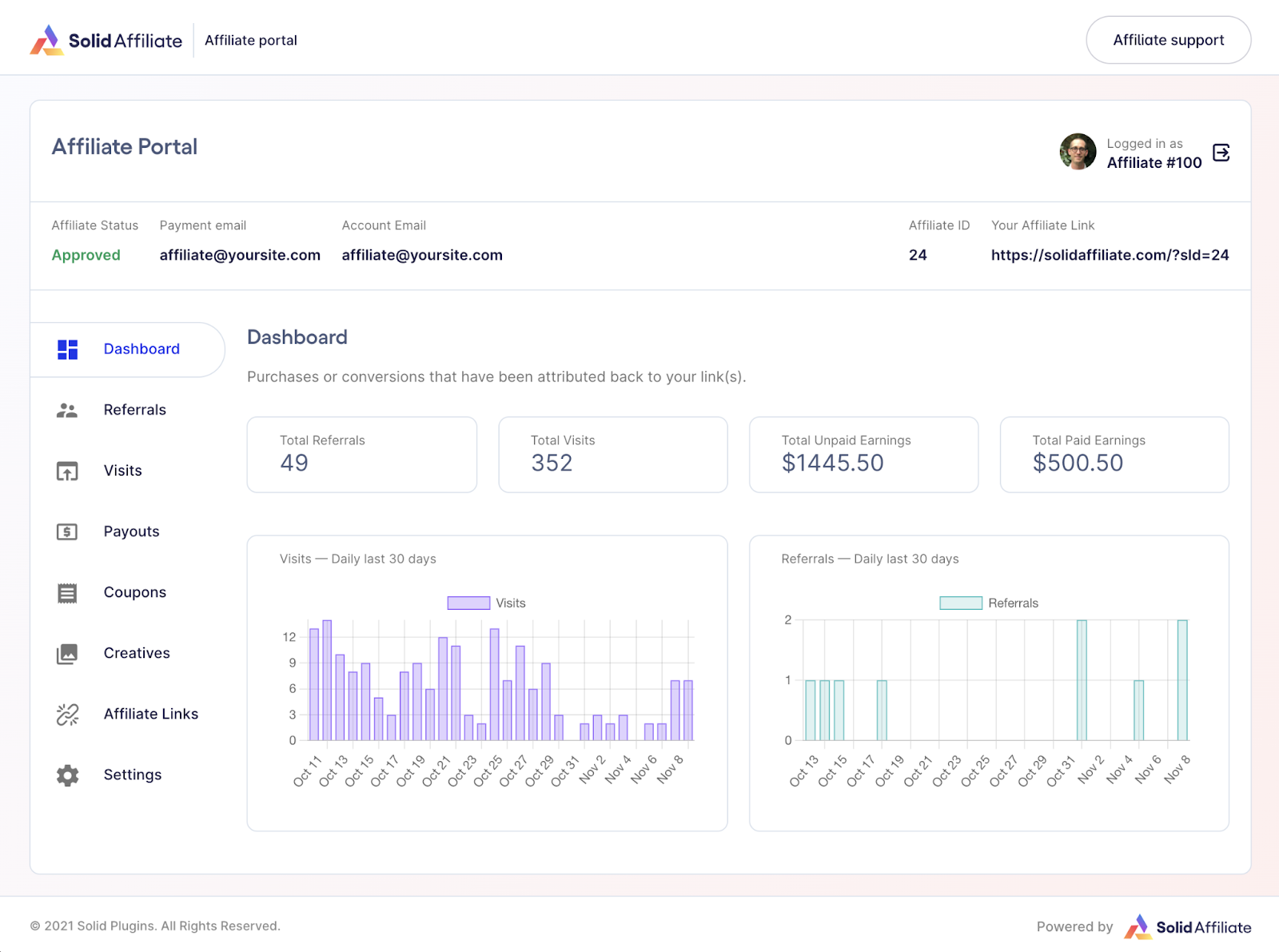 แดชบอร์ดพอร์ทัลพันธมิตร Solid Affiliate