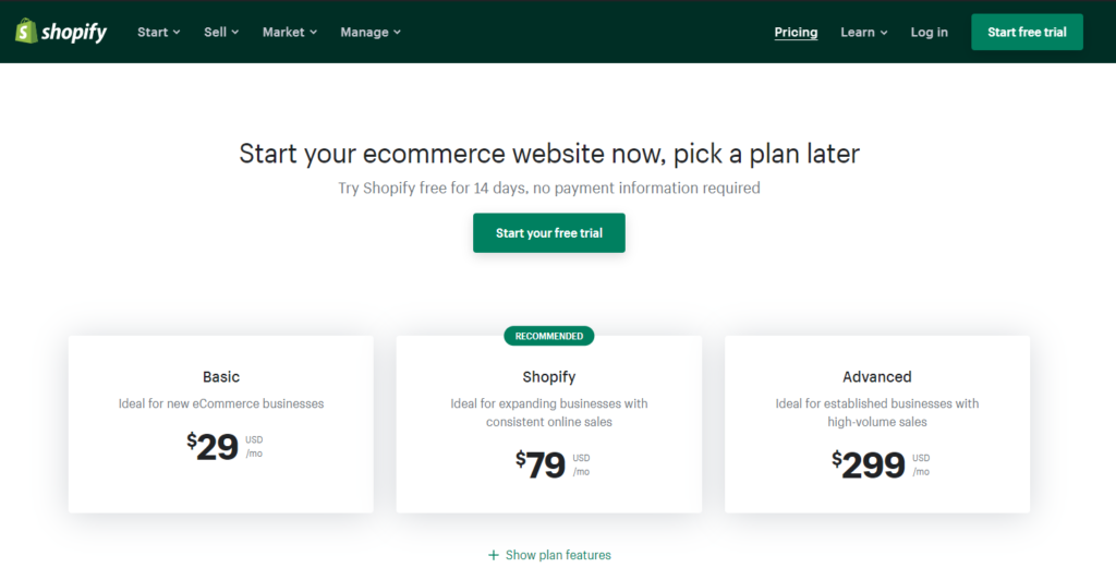 Shopify планы подписки.