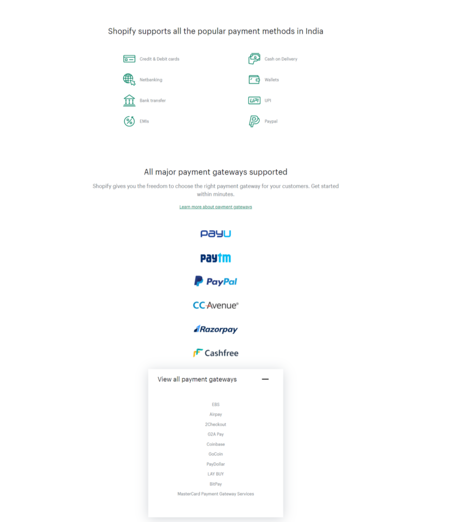 Opsi pembayaran Shopify.