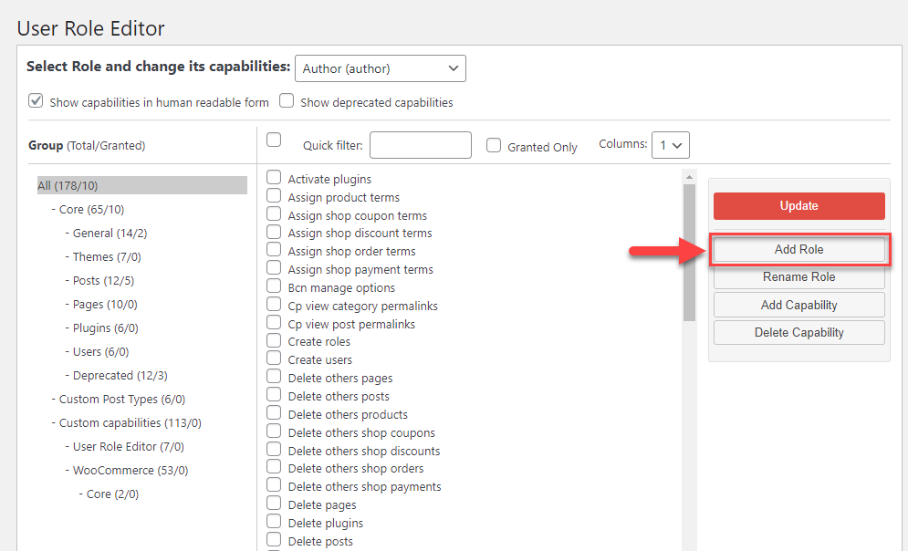 capture d'écran mettant en évidence le bouton Ajouter un rôle pour le plug-in User Role Editor