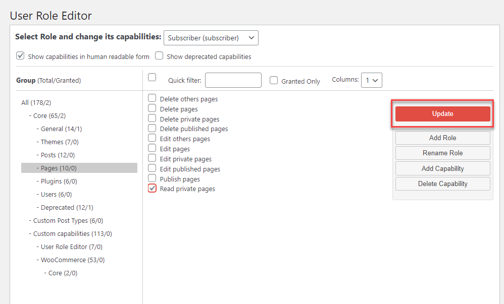 Captura de tela dos recursos de atualização de uma função usando o plug-in User role Editor