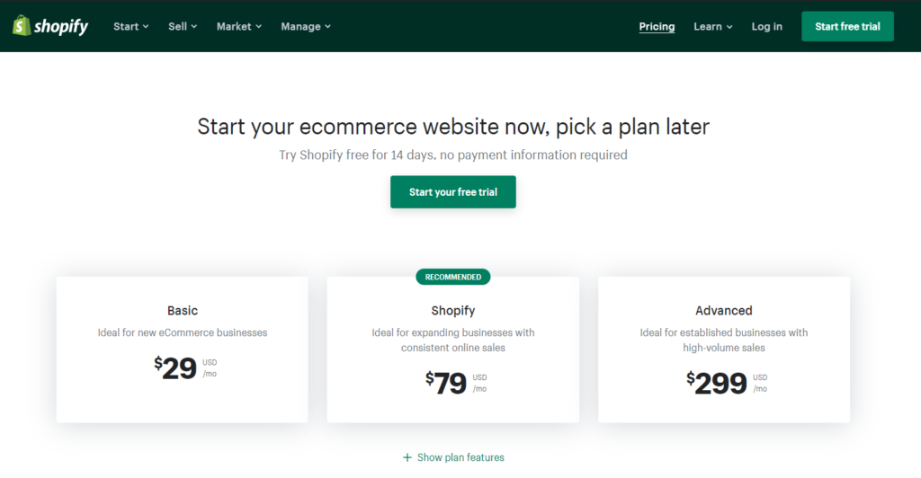 Shopify fiyatlandırma sayfası.