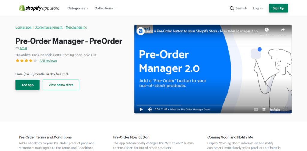 Produktseite des Pre-Order Managers.