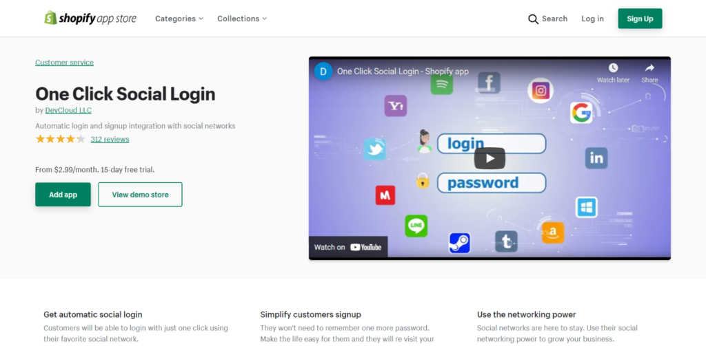 Pagina de produs One Click Social Login.