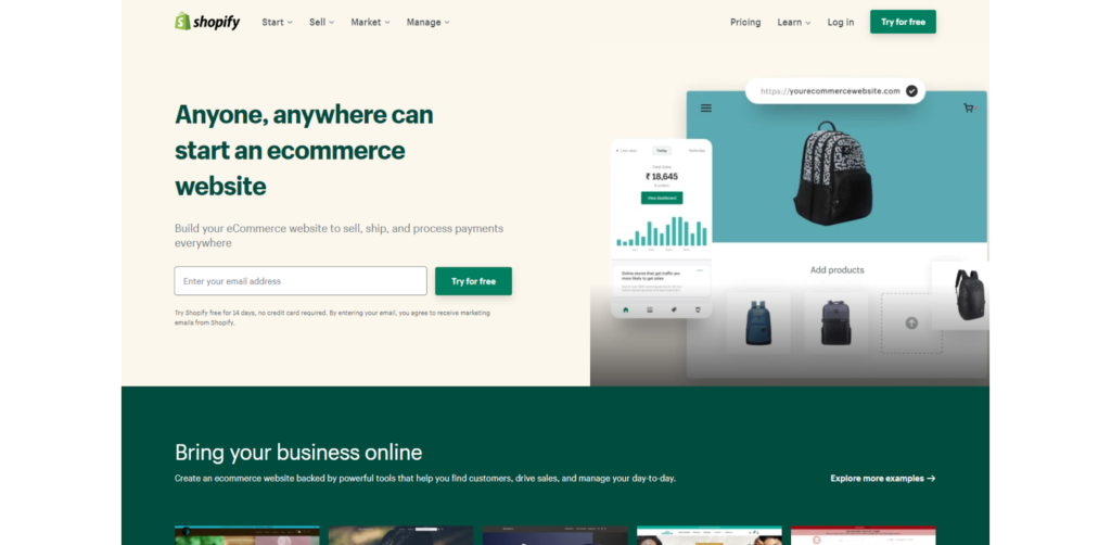 หน้า Landing Page ของ Shopify