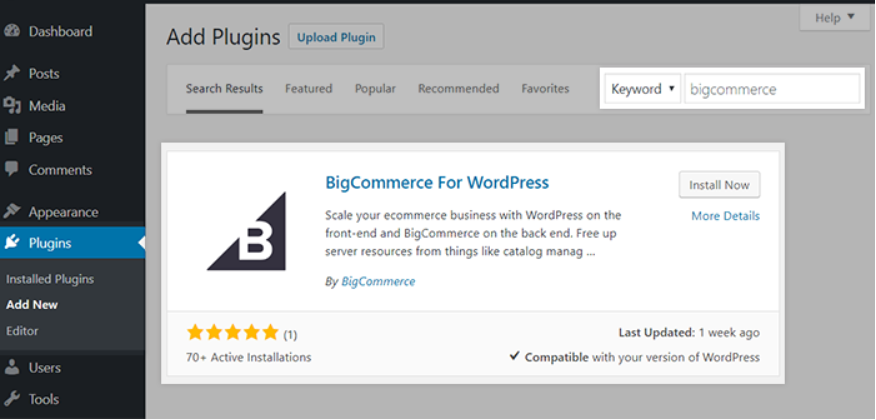 Big Commerce für WordPress-Plugin-Installation.