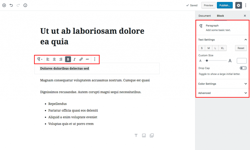 modificarea setărilor în editorul gutenberg