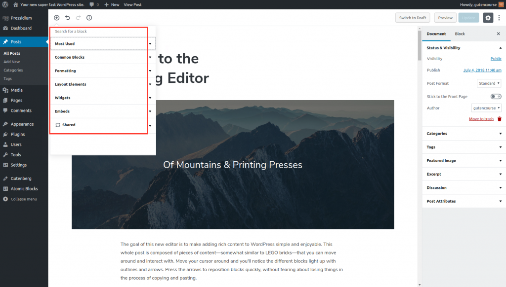 Blok Gutenberg Default: cari blok