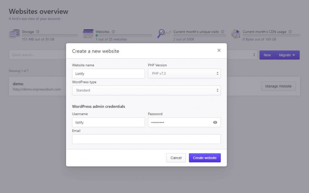 Configuración del sitio web de Pressidium