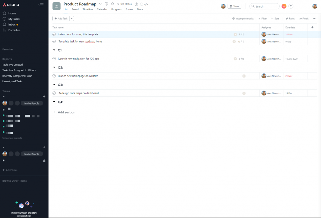 Liste di Asana