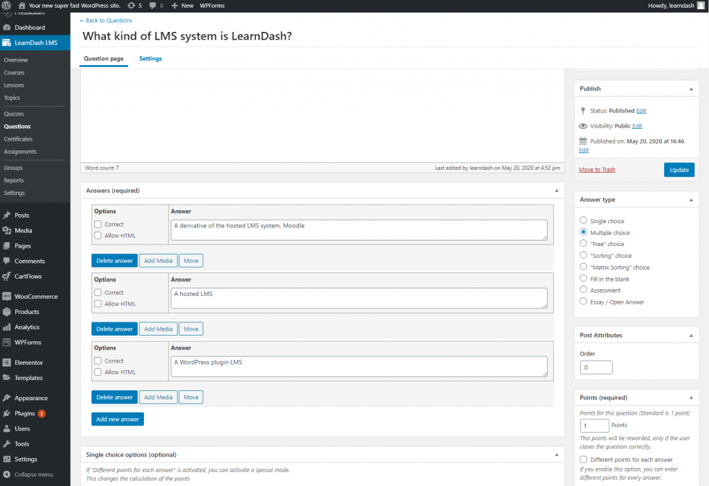 Domande a scelta multipla in LearnDash