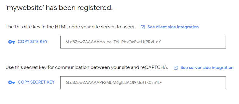 Clés de site Google reCaptcha