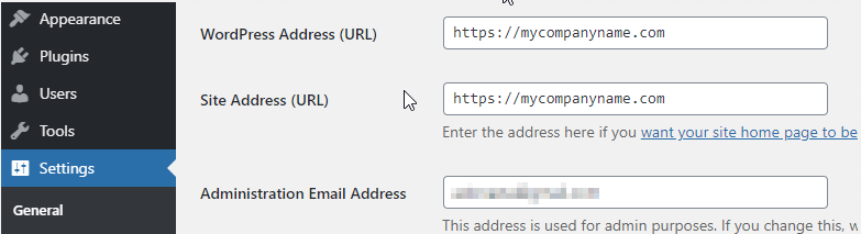 URL do site de configurações