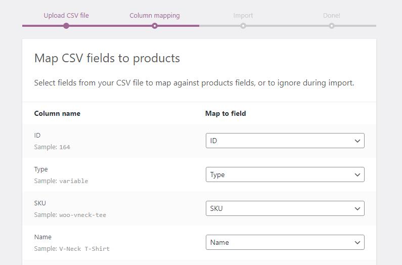 mappa woocommerce import prodotti campi