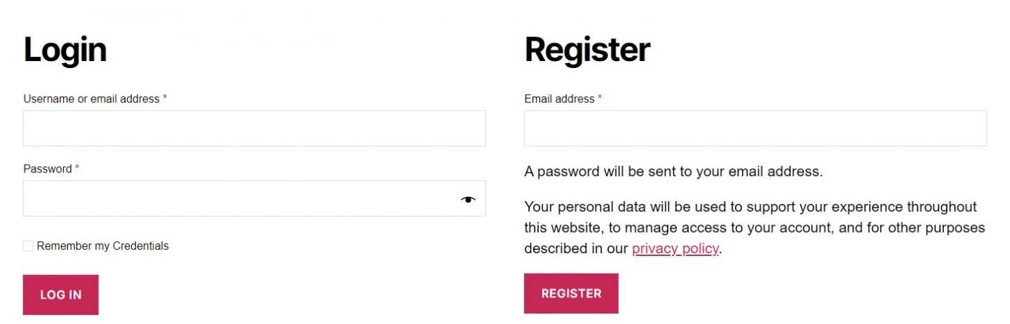 páginas de registro e login do woocommerce