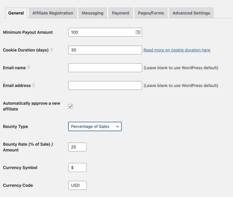 editar la configuración general en el complemento del administrador de afiliados