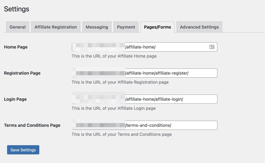 paramètres de paiement et de pages dans le plugin de gestionnaire d'affiliation wordpress