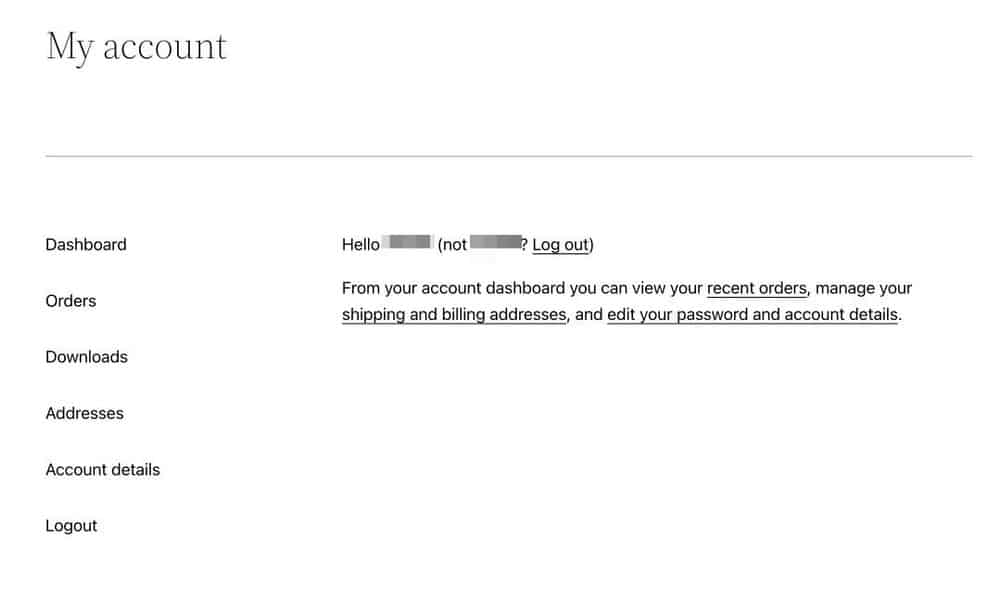 página predeterminada de mi cuenta de WooCommerce