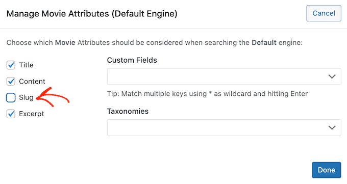 Removing custom post type attributes from WordPress search