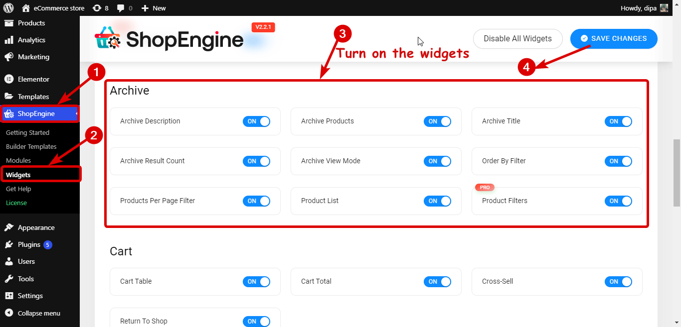 Aktifkan semua widget halaman kategori ShopEngine