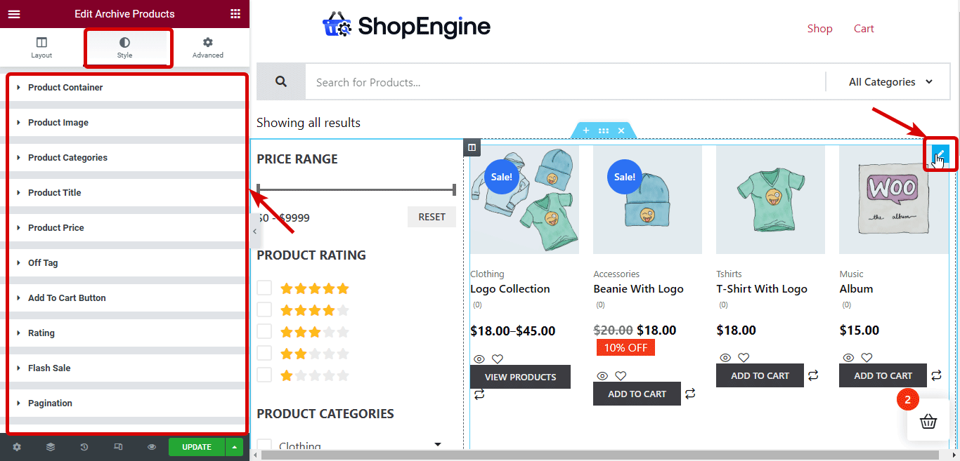 Arquivar configurações de estilo de produto