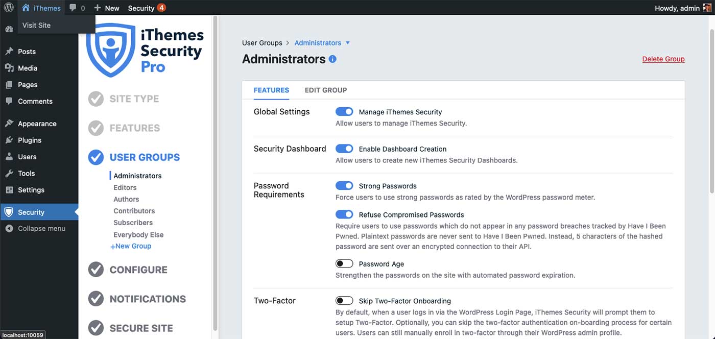 สกรีนช็อตของเมนู iThemes Security