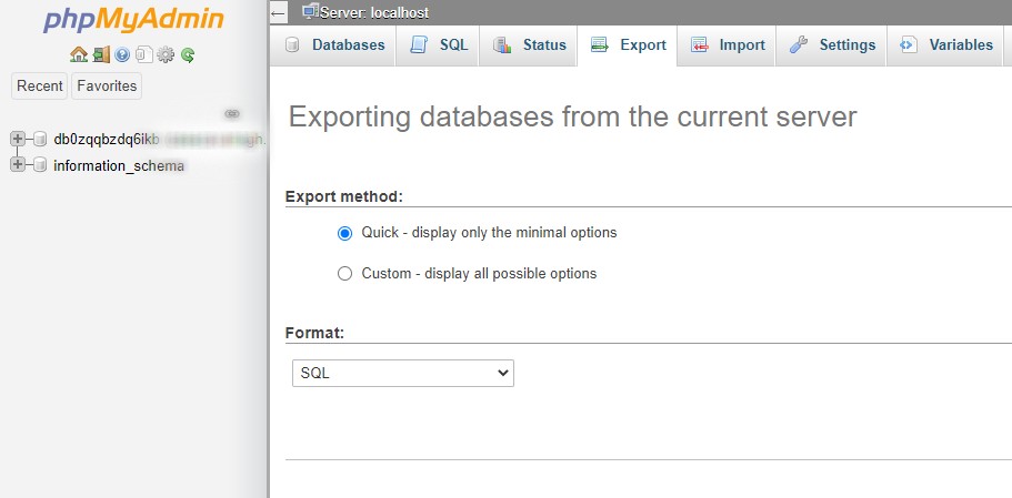 Die Registerkarte Export in phpMyAdmin.