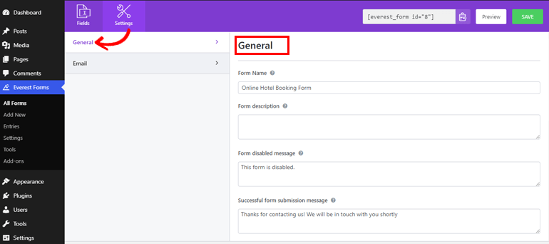 Opción de configuración de formulario general Agregar rango de fechas y selector de fecha múltiple en formularios de WordPress