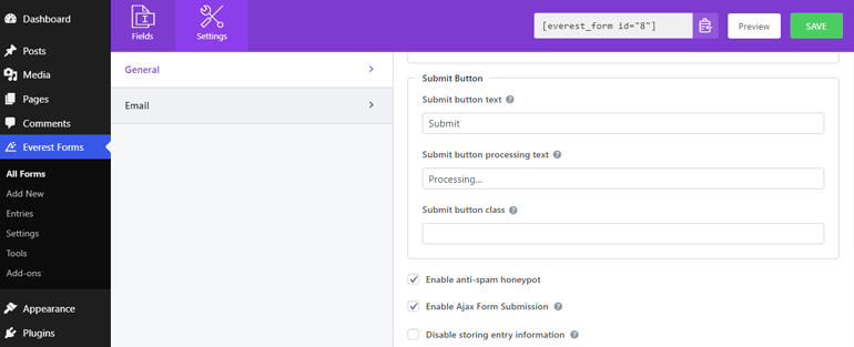 Configuración general para el botón Enviar