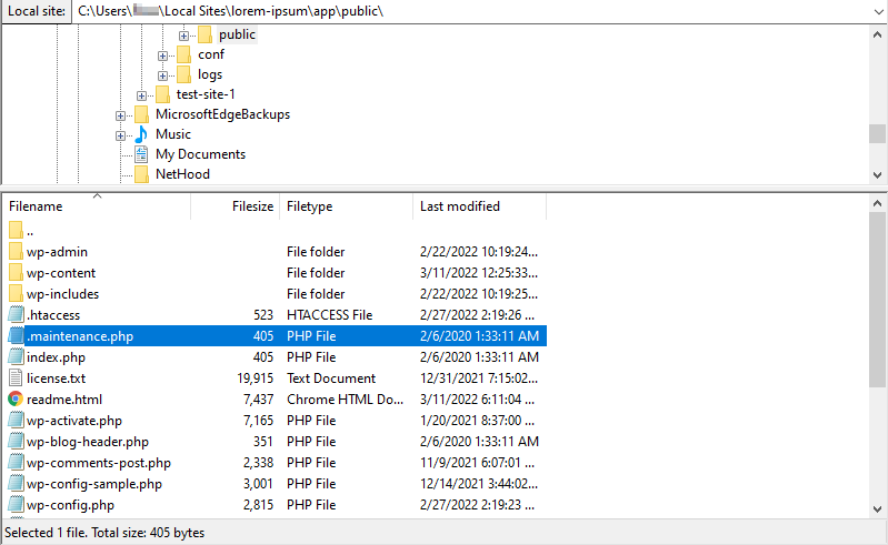 trouver le fichier .maintenance avec Filezilla