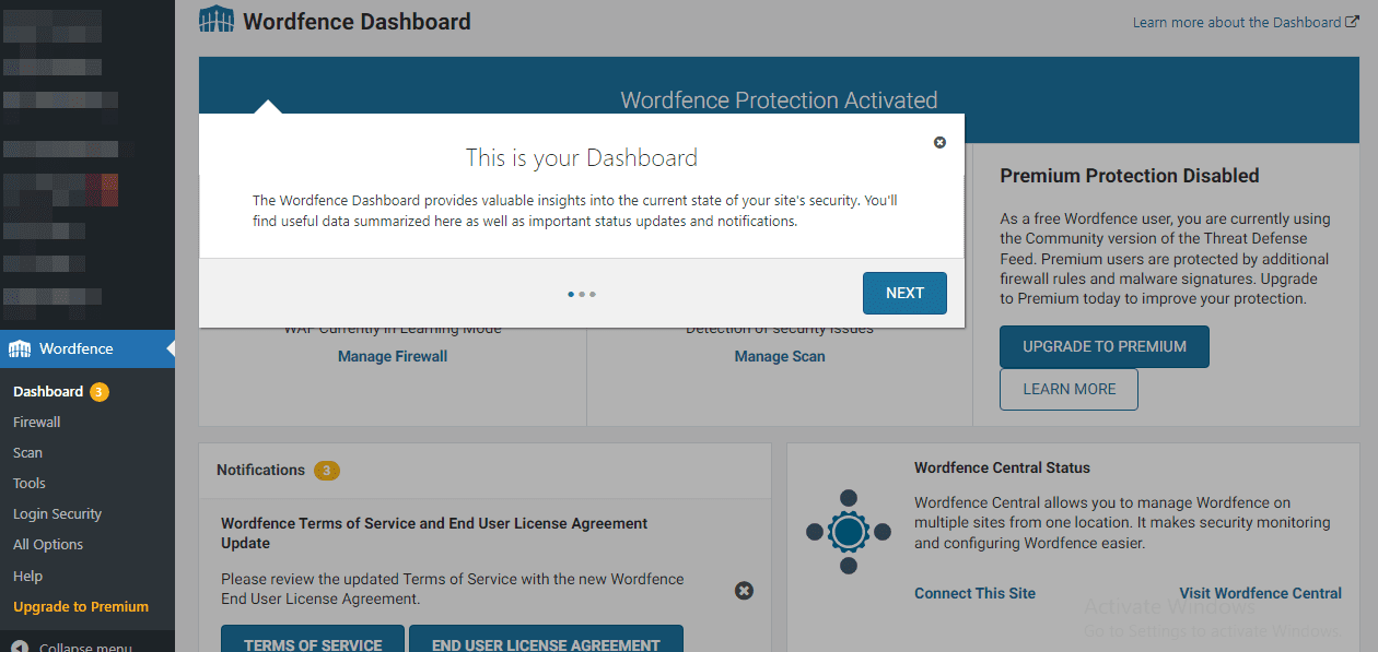 Onboarding wizard in Wordfence dashboard