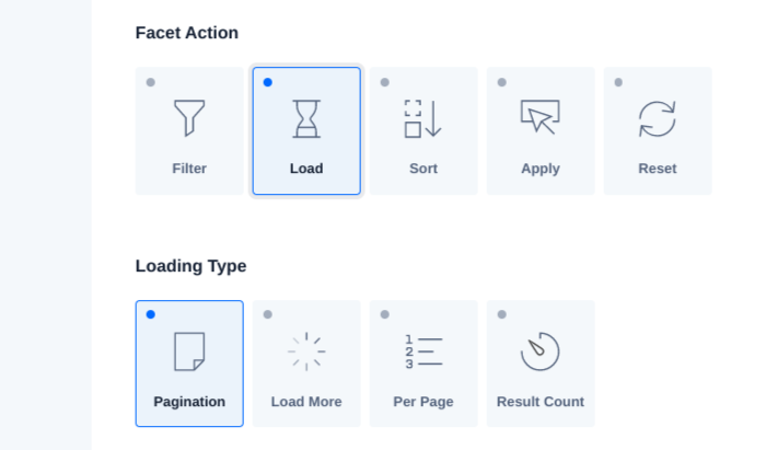 As ações do Facet e as opções de tipo de carregamento do WP Grid Builder.