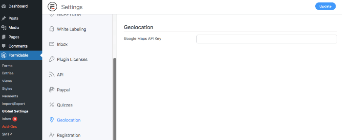 Ekran klucza API geolokalizacji w Formidable Forms.