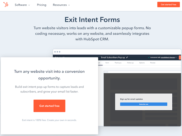 Die Exit-Intent-Formularseite des Hubspot-Plugins.