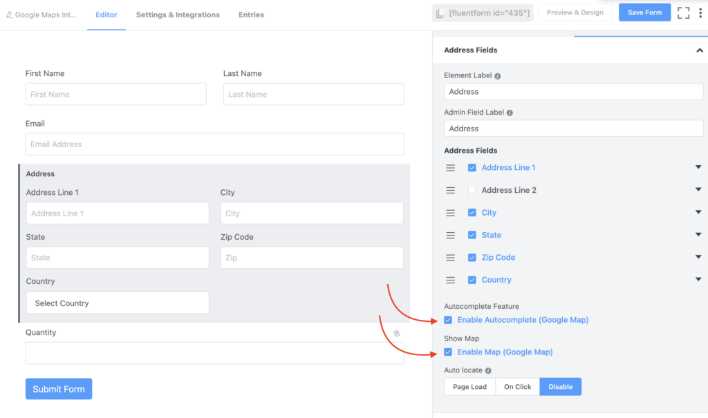 Aktivieren der automatischen Vervollständigung von Google Maps in Fluent Forms