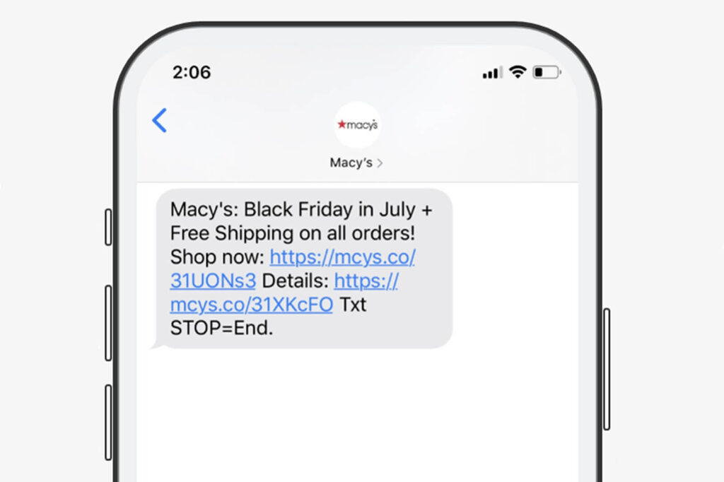 Screenshot einer Werbebotschaft von Macys auf einem Mobiltelefon.