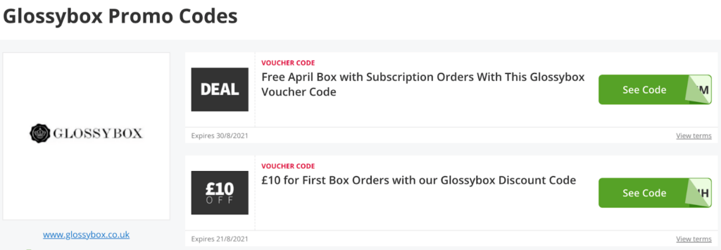 Screenshot der Glossybox-Promo-Codes.