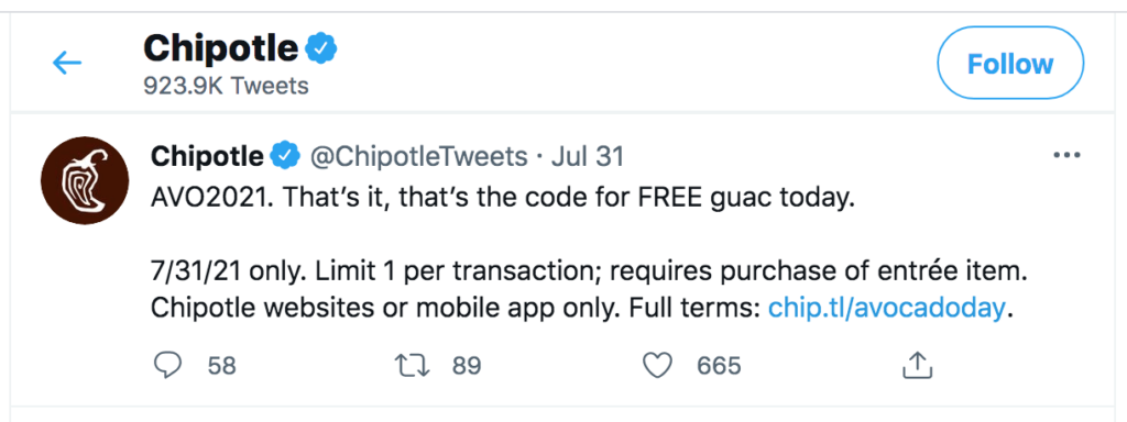 Captura de pantalla de un tweet promocional de Chipotle