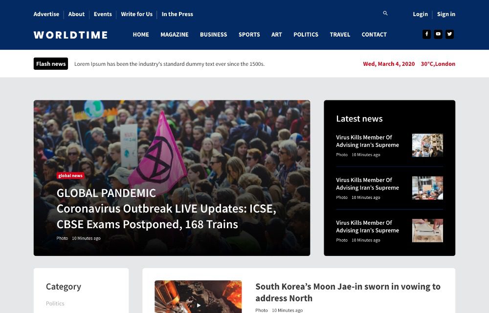 Plantilla gratuita de noticias Bootstrap de Worldtime