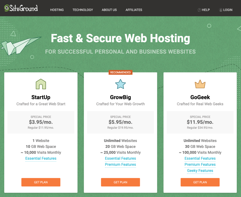 Siteground 공유 및 관리 WordPress 호스팅