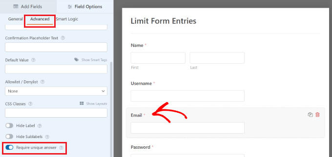 Make a form field require unique answer