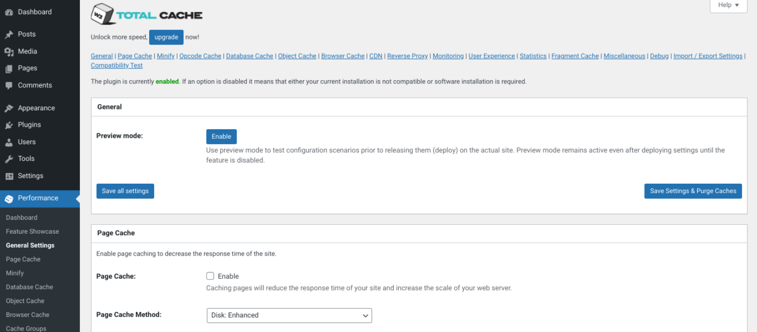 Le impostazioni del plugin W3 Total Cache.