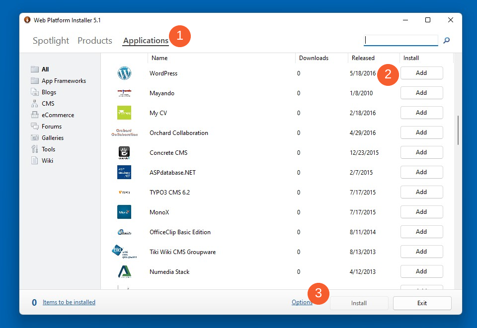 Adición de WordPress en el instalador de la plataforma web de Microsoft.