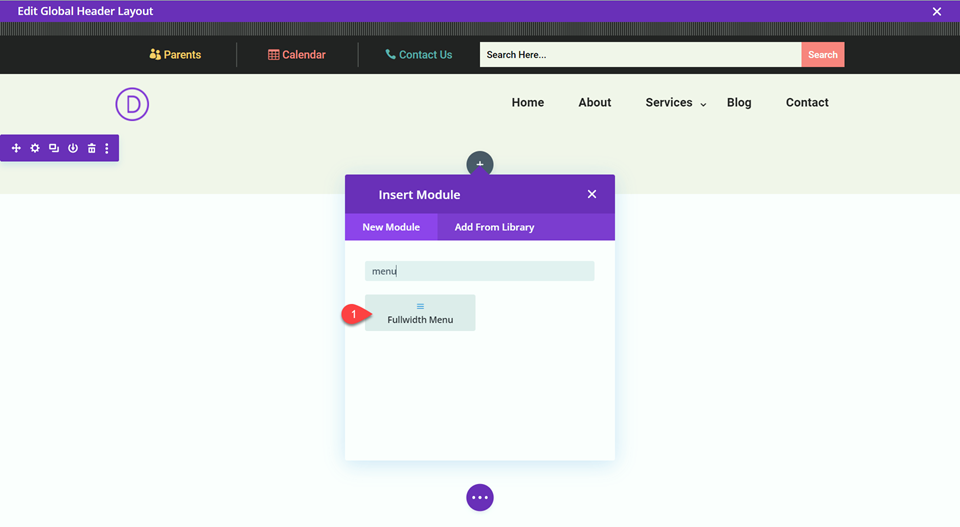 Divi Responsive Logo Menú de ancho completo Agregar módulo de menú