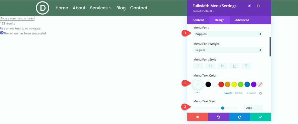 Divi Fullwidth vs Regular Menu Module Fullwidth Impostazioni dei caratteri