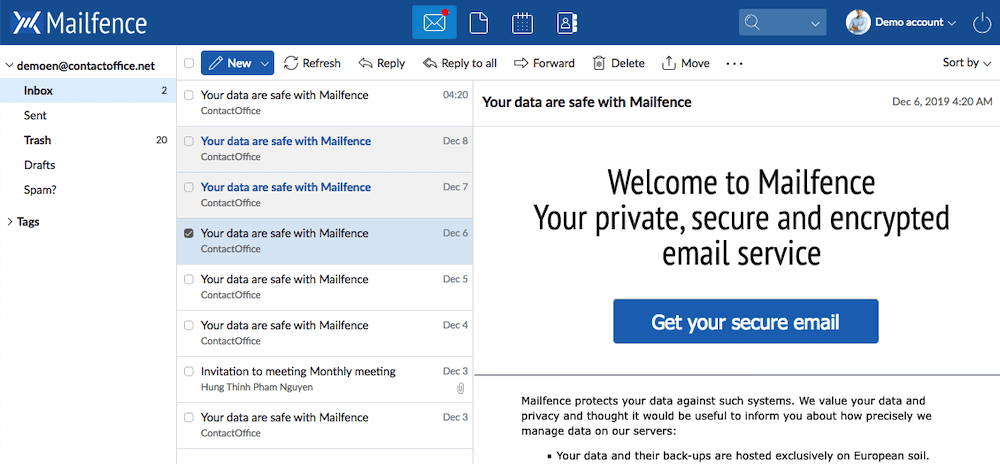 A interface do Mailfence.