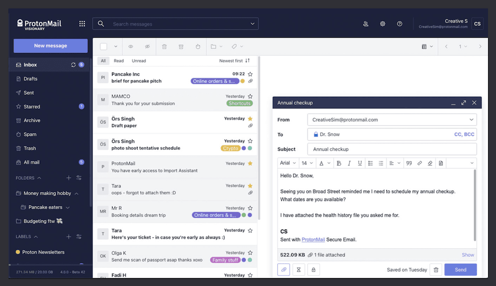 A interface do ProtonMail.