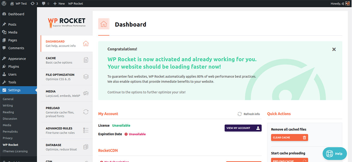 لقطة شاشة من لوحة معلومات WP Rocket